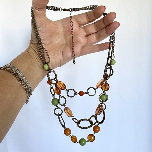 Bohemian Triple-Strand Necklace Green Orange Bronze Adjustable Length 18”-21” - Picture 5 of 6